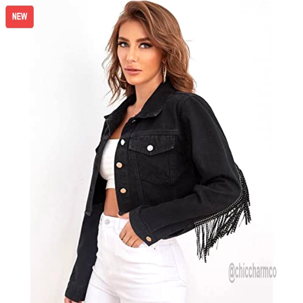 Fringe Tassel Distressed Ripped Crop Denim Jacket - Picture 3 of 7